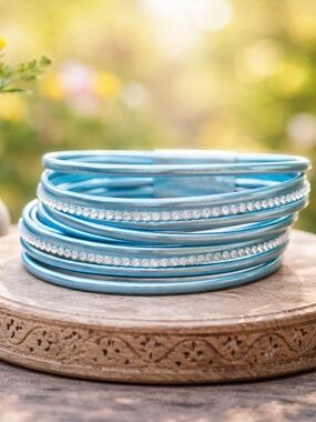 New Metallic Blue Crystal Leather Cuff Bracelet Magnetic Clasp 7 2/3"